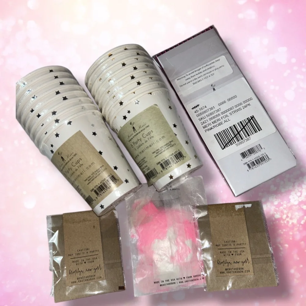 NWT Anthropologie Pink Silver & Gold Party Supplies Cups Straws Confetti foil